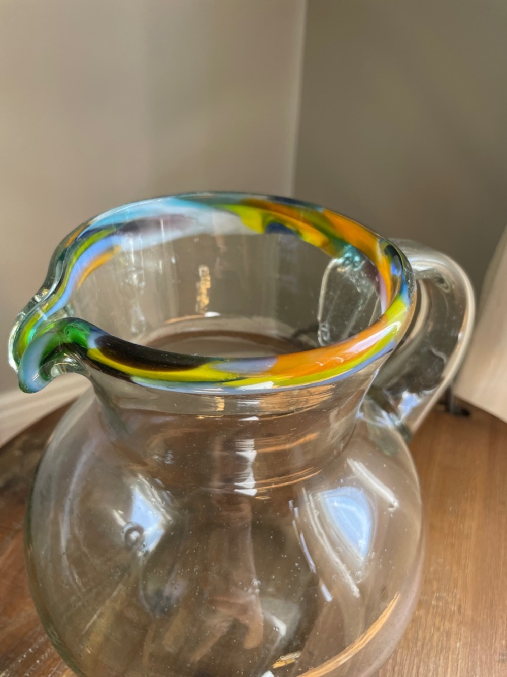 Mexican Recycled Clear Glass Pitcher with Colorful Rim - Picture 5 of 7